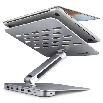 Axagon HMC-STND multi-poort USB-C 5Gbit/s hub en aluminium standaard voor laptops. HDMI 4K/60Hz, GLAN, PD en 3 USB-A aansluitingen. USB-C kabel 60 cm.