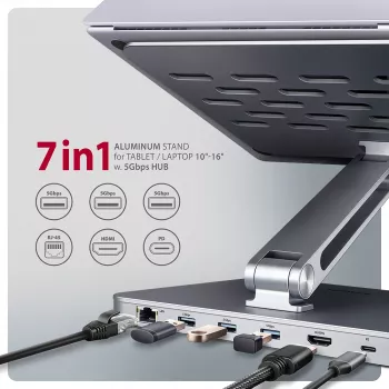 Axagon HMC-STND multi-poort USB-C 5Gbit/s hub en aluminium standaard voor laptops. HDMI 4K/60Hz, GLAN, PD en 3 USB-A aansluitingen. USB-C kabel 60 cm.