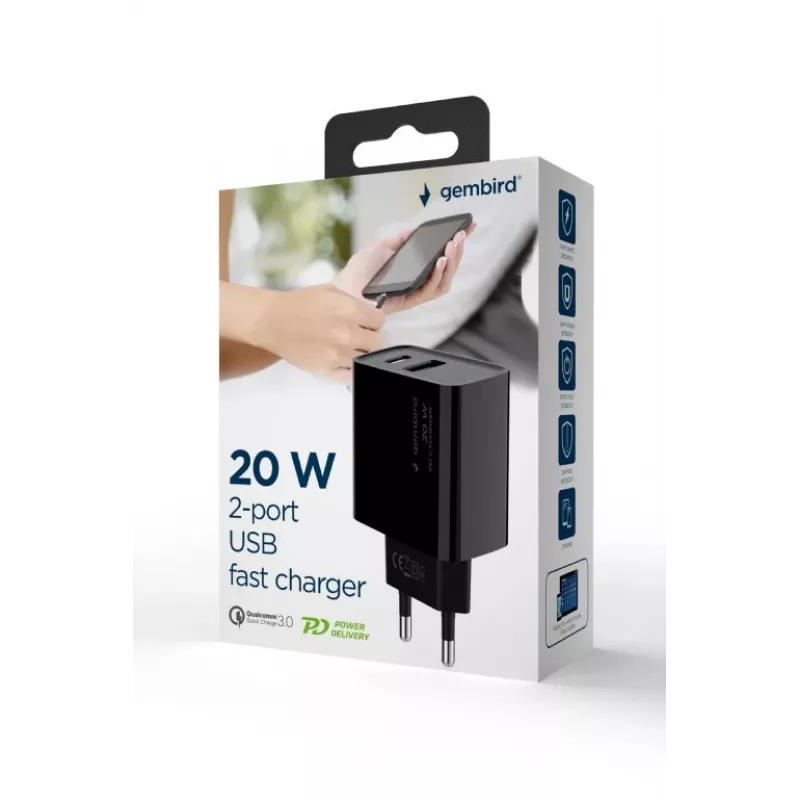 GEMBIRD USB-snellader – 2 poorten Type-A & C, 20 W – zwart