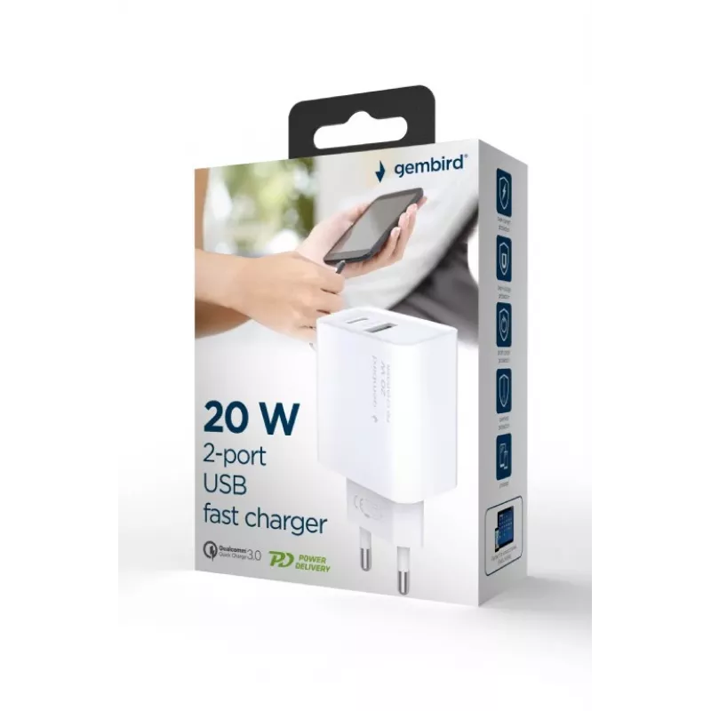 GEMBIRD USB-snellader – Type-A & C 2-poorts 20 W – wit