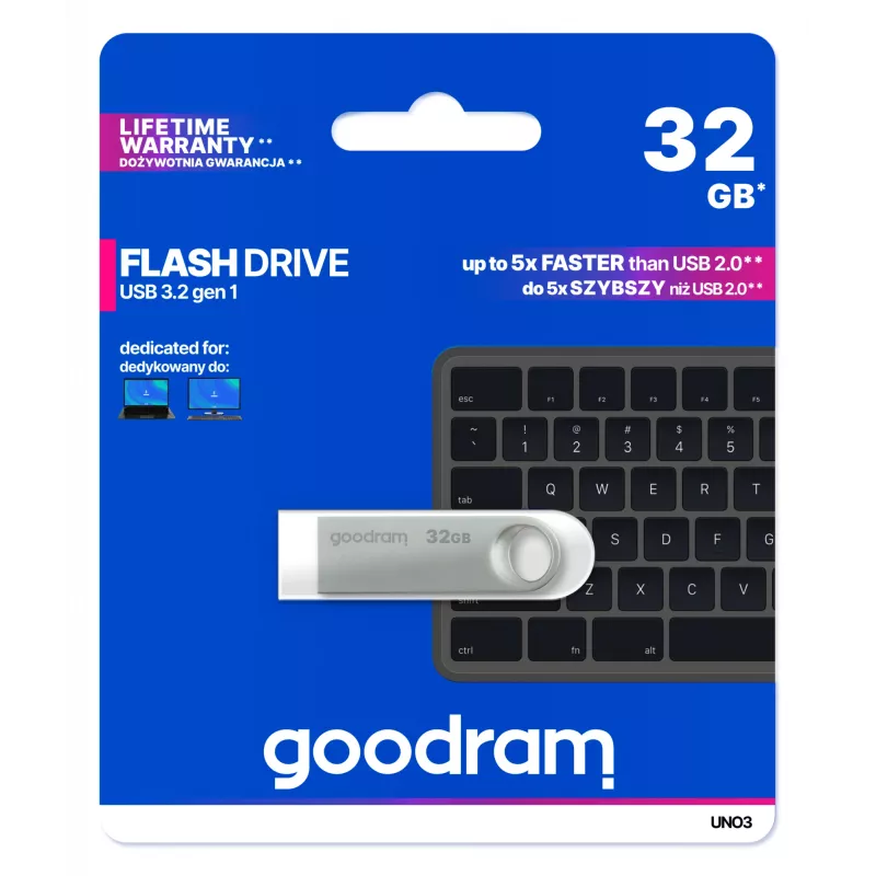 USB-flashdrive GOODRAM UNO3-0320S0R11 32 GB, USB Type-A, USB 3.2 Gen 1, metaal, kapjesloos, zilver