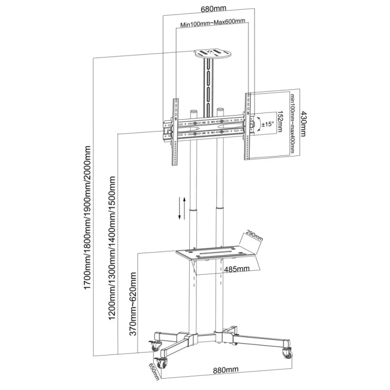 Techly ICA-TR216T mobiele tv-trolley voor schermen van 37–70 inch (tot 177,8 cm), max. 50 kg, 2 planken, zwart