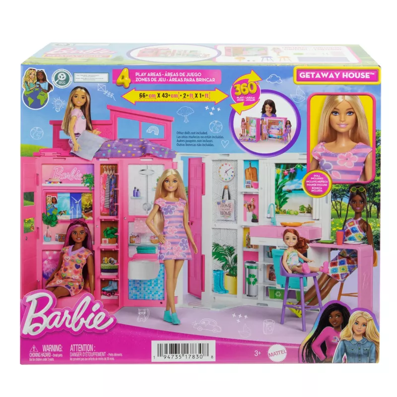 Barbie Getaway poppenhuis met pop, 4 speelgebieden en 11 decoratieaccessoires