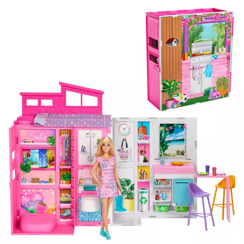 Barbie Getaway poppenhuis met pop, 4 speelgebieden en 11 decoratieaccessoires