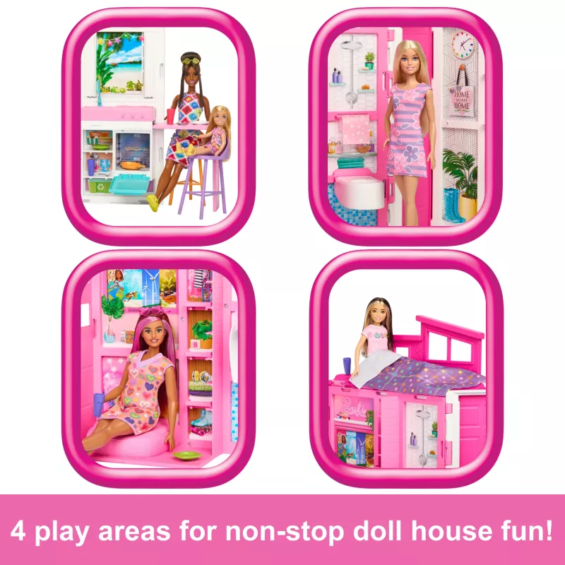 Barbie Getaway poppenhuis met pop, 4 speelgebieden en 11 decoratieaccessoires