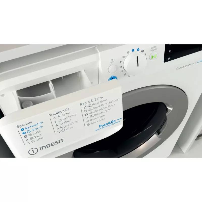 Wasdroogcombinatie Indesit BDE 86436 WSV EE — 6 kg, 1400 t/min, wit, 595×540×850 mm