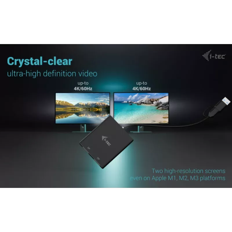 i-tec USB-A/USB-C Dual 4K/60 Hz DisplayPort-videoadapter, 0,27 m, USB Type-A/USB Type-C, 2 x DisplayPort, stekker, bus, 3840 x 2160 pixel