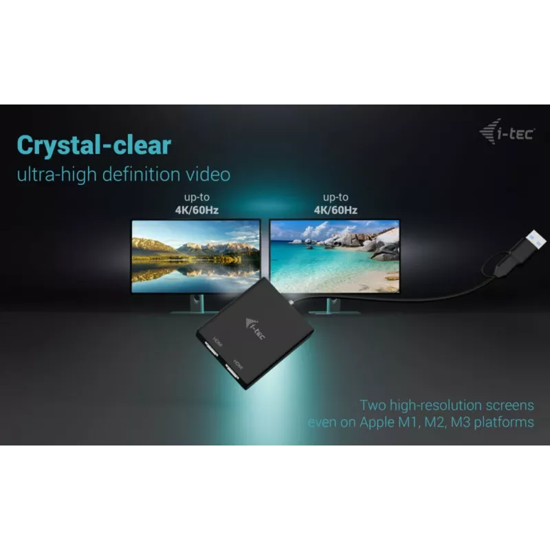 i-tec CADUAL4KHDMI USB-A/USB-C Dual 4K/60 Hz HDMI-videoadapter, 2x HDMI-bus, 0,27 m, 3840 x 2160, zwart