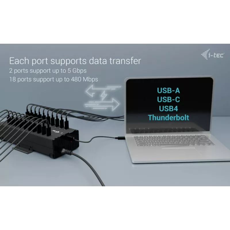 i-tec USB-C/USB-A metalen laad- + datahub, 15W per aansluiting, 20x USB-C