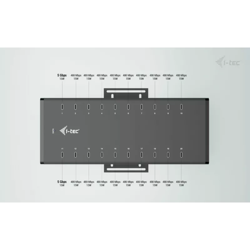 i-tec USB-C/USB-A metalen laad- + datahub, 15W per aansluiting, 20x USB-C