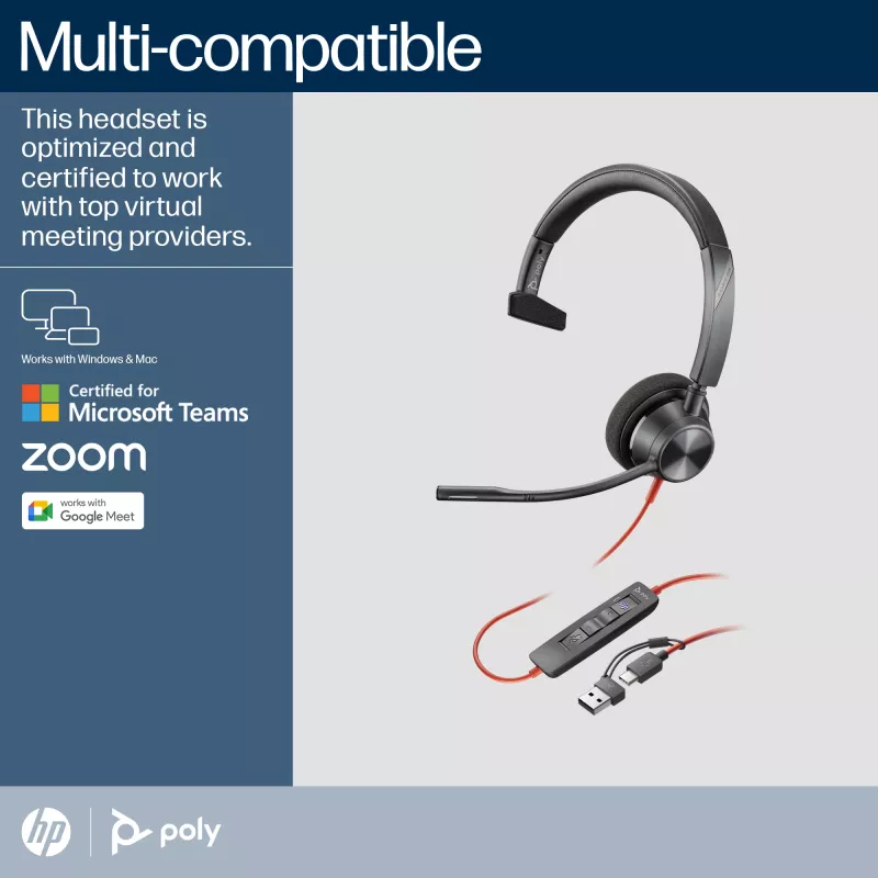 HP Poly Blackwire 3310 monaurale Microsoft Teams gecertificeerde USB-C-headset + USB-C/A-adapter