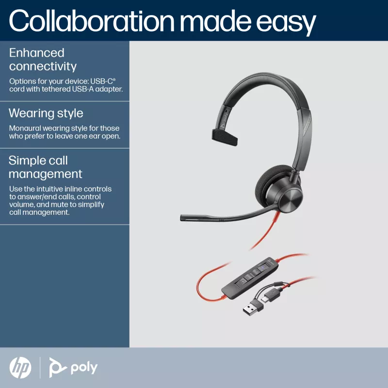 HP Poly Blackwire 3310 monaurale Microsoft Teams gecertificeerde USB-C-headset + USB-C/A-adapter