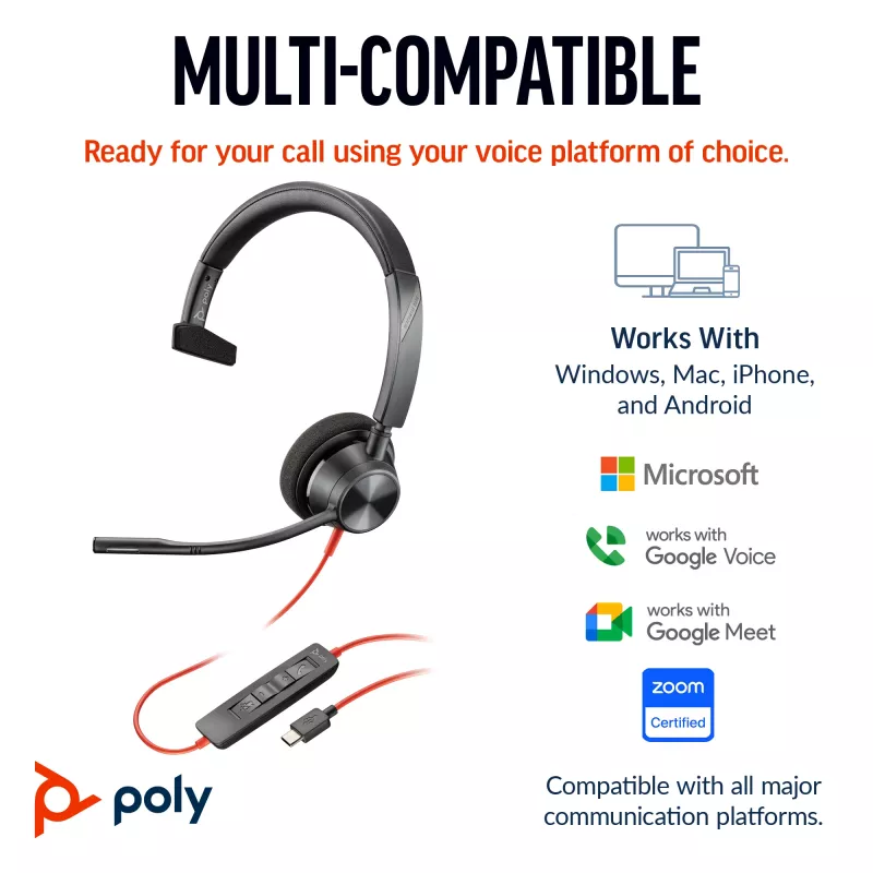 HP Poly Blackwire 3310 monaurale Microsoft Teams gecertificeerde USB-C-headset + USB-C/A-adapter