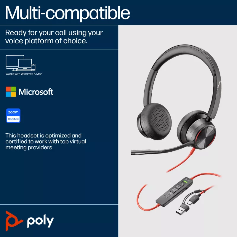 HP Poly Blackwire 8225 stereo USB-C-headset +USB-C/A-adapter