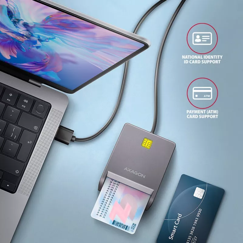 Axagon CRE-SM3T USB-A smart-/ID-kaartlezer, plat, USB 2.0, 1,3 m, zwart, 56 g
