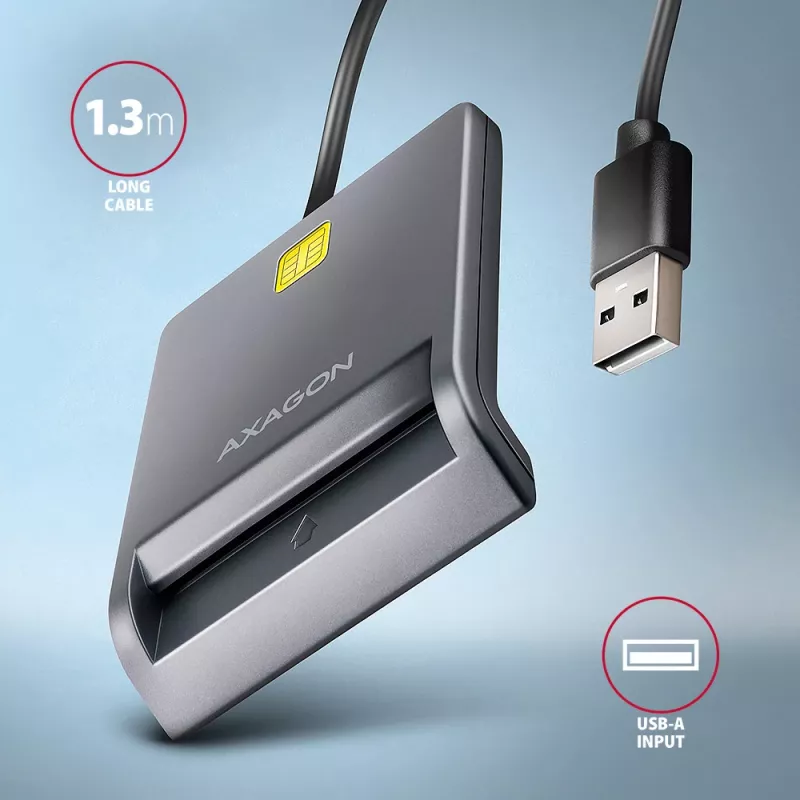 Axagon CRE-SM3T USB-A smart-/ID-kaartlezer, plat, USB 2.0, 1,3 m, zwart, 56 g