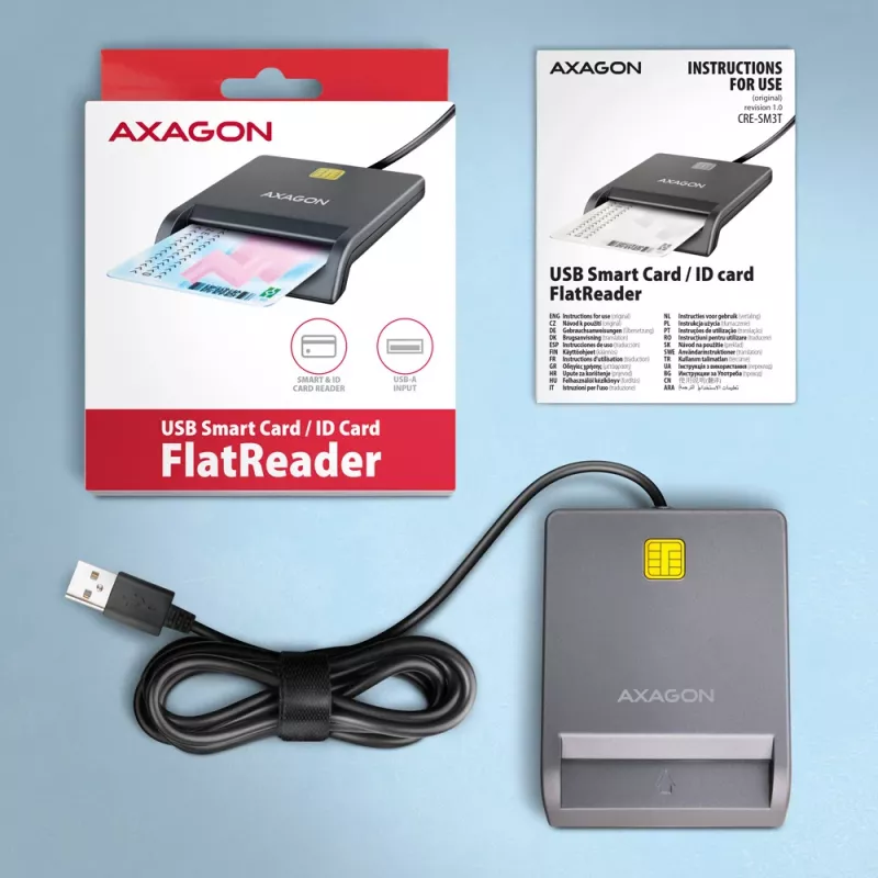 Axagon CRE-SM3T USB-A smart-/ID-kaartlezer, plat, USB 2.0, 1,3 m, zwart, 56 g