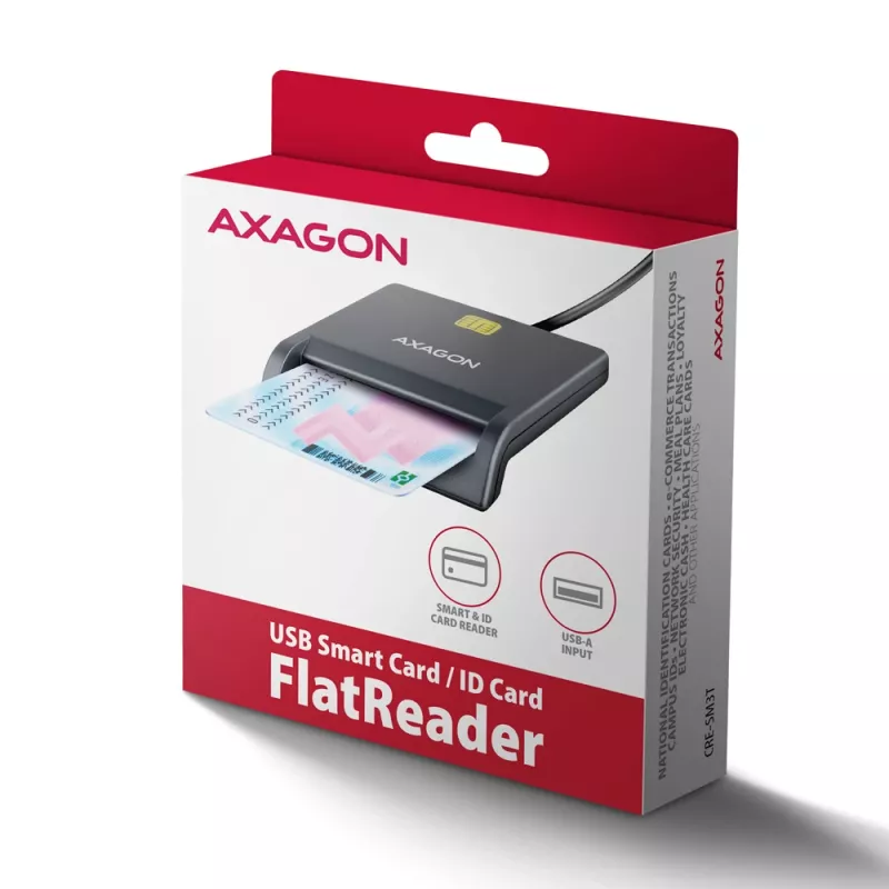 Axagon CRE-SM3T USB-A smart-/ID-kaartlezer, plat, USB 2.0, 1,3 m, zwart, 56 g