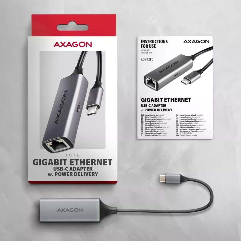 Axagon ADE-TXPD USB-C Gigabit Ethernet-adapter met PD 100W