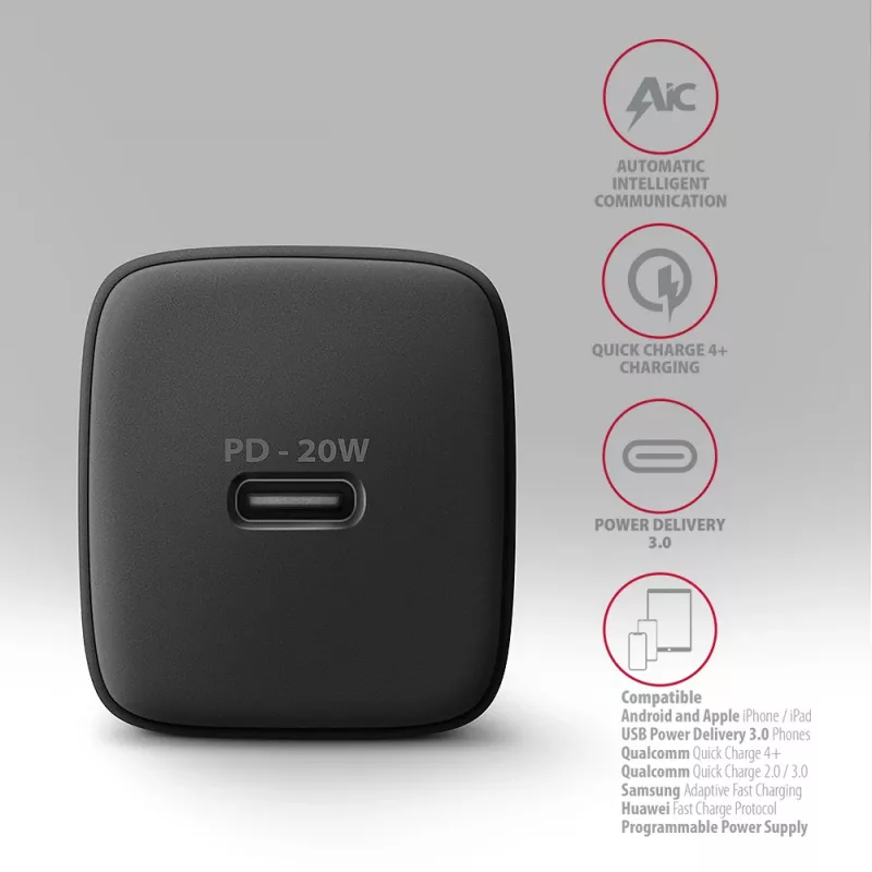 Wandlader Axagon ACU-PD20 1x QC3.0/AFC/FCP/PD Type-C 20W zwart