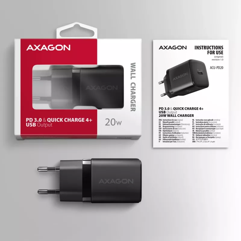Wandlader Axagon ACU-PD20 1x QC3.0/AFC/FCP/PD Type-C 20W zwart