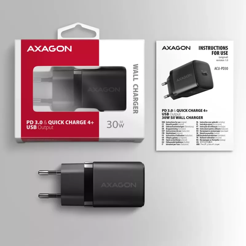 Axagon ACU-PD30 PD3.0 & QC4+ 1x uitgang wandlader 30W, binnen, AC, zwart