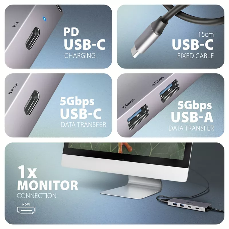 Axagon HMC-5H60 USB 5Gbps hub, 2x USB-A, 1x USB-C, HDMI 4k/60Hz, PD 100W, USB-C-kabel