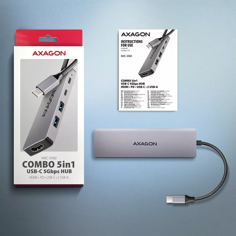 Axagon HMC-5H60 USB 5Gbps hub, 2x USB-A, 1x USB-C, HDMI 4k/60Hz, PD 100W, USB-C-kabel
