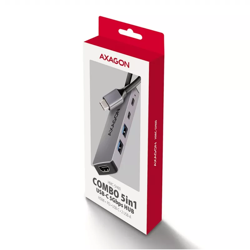 Axagon HMC-5H60 USB 5Gbps hub, 2x USB-A, 1x USB-C, HDMI 4k/60Hz, PD 100W, USB-C-kabel