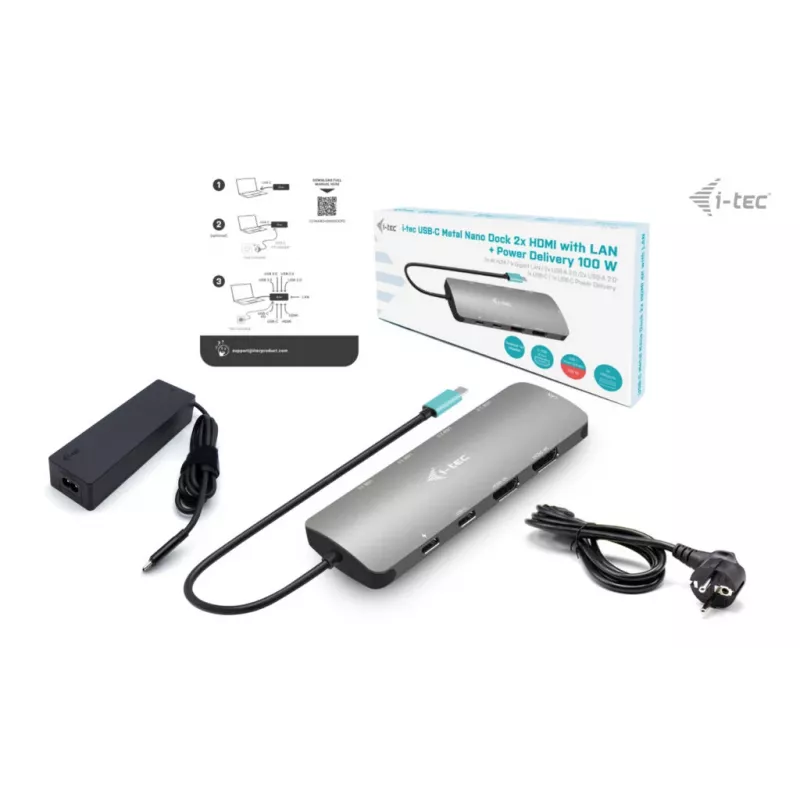 i-tec Metal USB-C Nano 2x display dockingstation met PD 100 W + oplader 100W