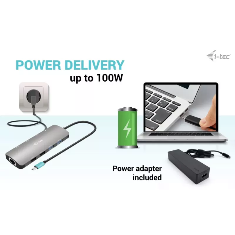 i-tec Metal USB-C Nano 2x display dockingstation met PD 100 W + oplader 100W