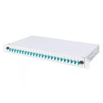 DIGITUS glasvezel-lasdoos met schuifdeksel, 1U, voorzien van 24x LC Duplex, incl. M25 wartel, lascassette OM3 gekleurde pigtails, adapter