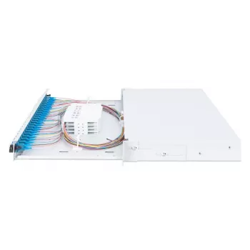 DIGITUS glasvezel-schuiflasdoos, 1U, voorzien van 24x LC Duplex, incl. M25 wartel, lascassette singlemode OS2, gekleurde pigtails