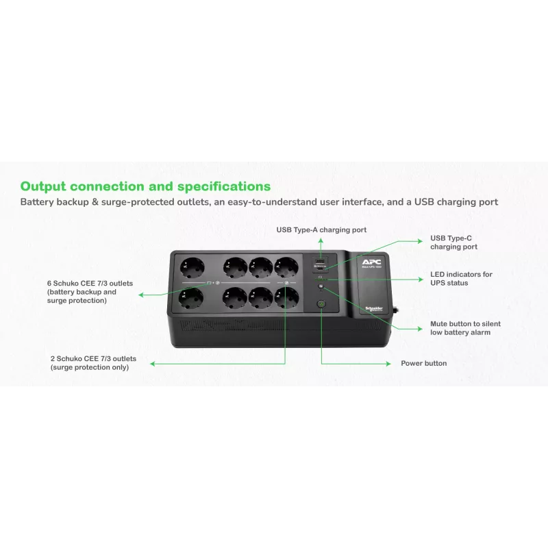 APC Back-UPS, 1050VA/600W vloer-/wandmontage, 230V, 8x Schuko CEE 7/3 stopcontacten, USB Type A+C aansluiting, vervangbare batterij