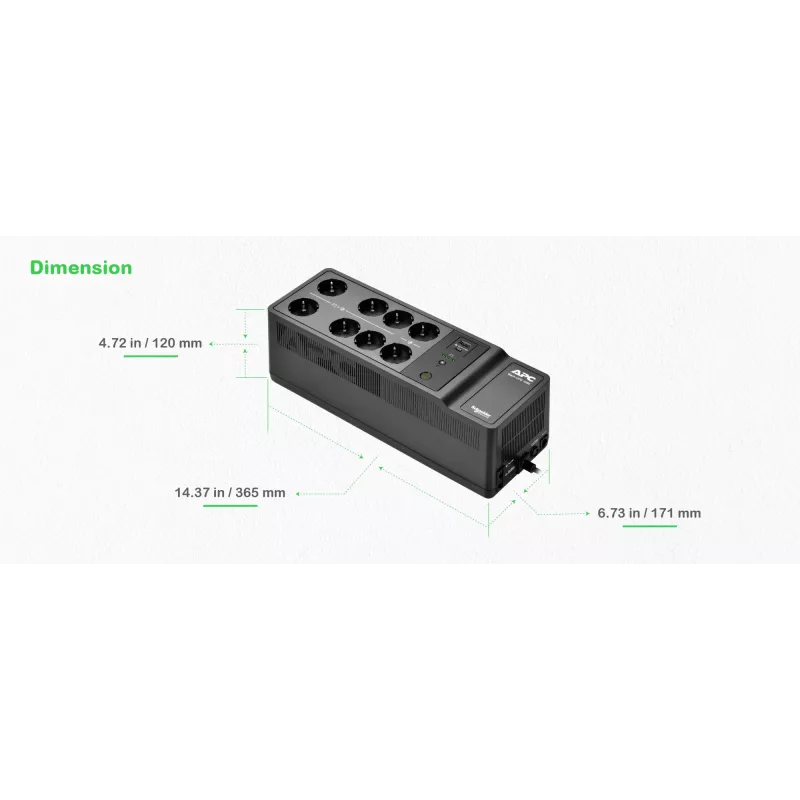 APC Back-UPS, 1050VA/600W vloer-/wandmontage, 230V, 8x Schuko CEE 7/3 stopcontacten, USB Type A+C aansluiting, vervangbare batterij