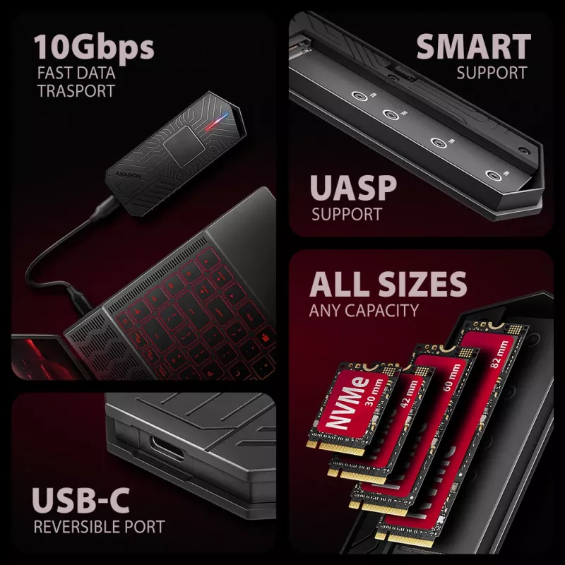 Axagon EEM2-GAM externe USB-C 10Gbps metalen behuizing voor M.2 NVMe & SATA SSD's. Schroefloos