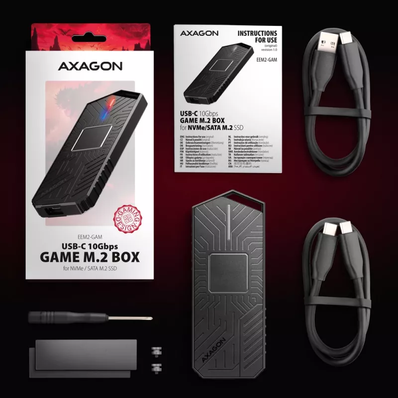 Axagon EEM2-GAM externe USB-C 10Gbps metalen behuizing voor M.2 NVMe & SATA SSD's. Schroefloos
