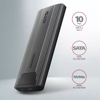 Axagon EEM2-GTS2 externe USB-C 10Gbit/s metalen behuizing voor M.2 NVMe & SATA SSD's. Schroefloos