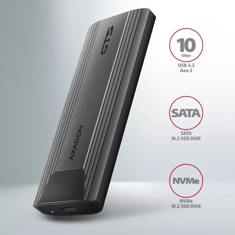 Axagon EEM2-GTS2 externe USB-C 10Gbit/s metalen behuizing voor M.2 NVMe & SATA SSD's. Schroefloos