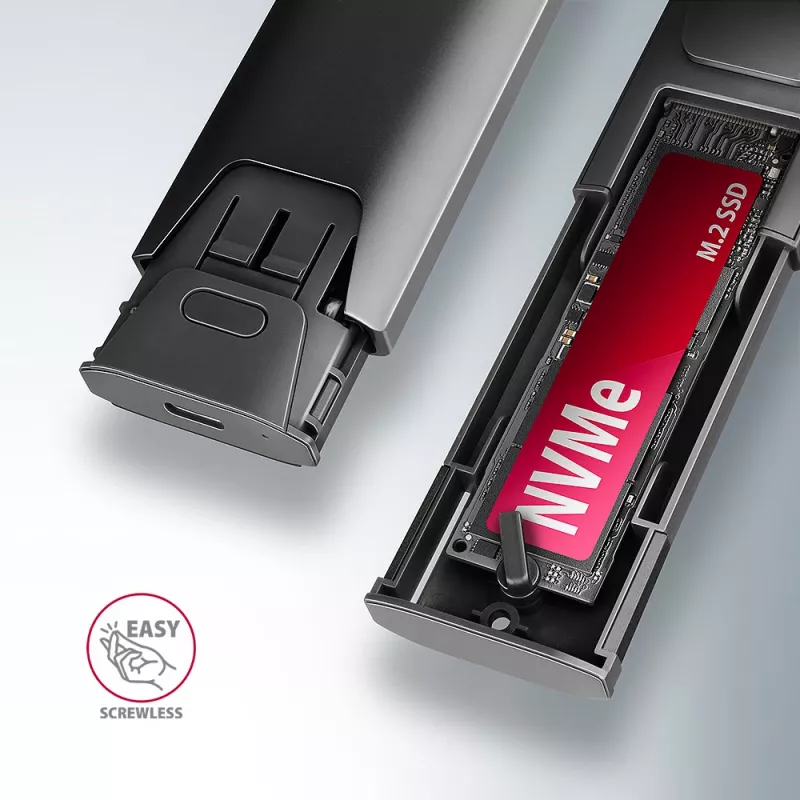 Axagon EEM2-GTS2 externe USB-C 10Gbit/s metalen behuizing voor M.2 NVMe & SATA SSD's. Schroefloos