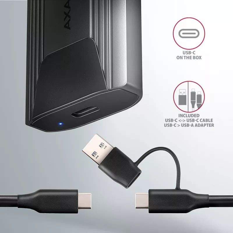 Axagon EEM2-GTS2 externe USB-C 10Gbit/s metalen behuizing voor M.2 NVMe & SATA SSD's. Schroefloos