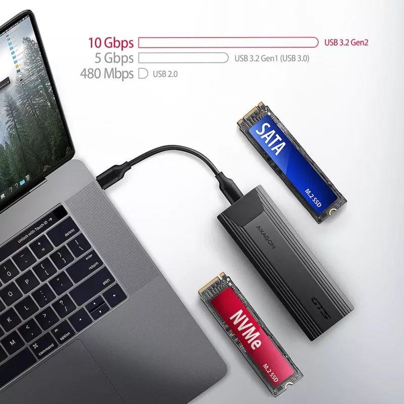 Axagon EEM2-GTS2 externe USB-C 10Gbit/s metalen behuizing voor M.2 NVMe & SATA SSD's. Schroefloos