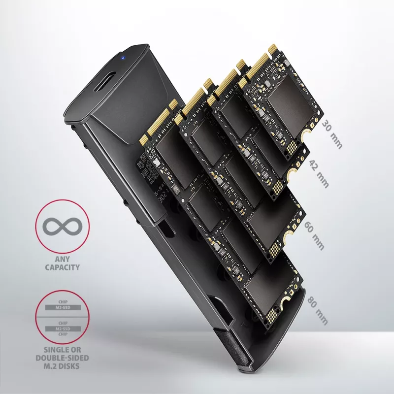 Axagon EEM2-GTS2 externe USB-C 10Gbit/s metalen behuizing voor M.2 NVMe & SATA SSD's. Schroefloos