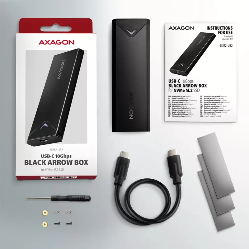 Axagon EEM2-UB2 externe USB-C 10Gbps metalen behuizing voor M.2 NVMe SSD's. Zwart