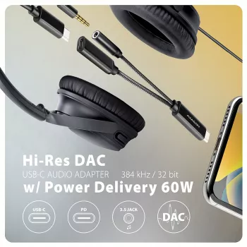 Axagon ADA-HCPD USB-C naar 3,5-mm-jack – Hi-Res-DAC-audioadapter, 384 kHz/32 bit, PD 60 W 3 A
