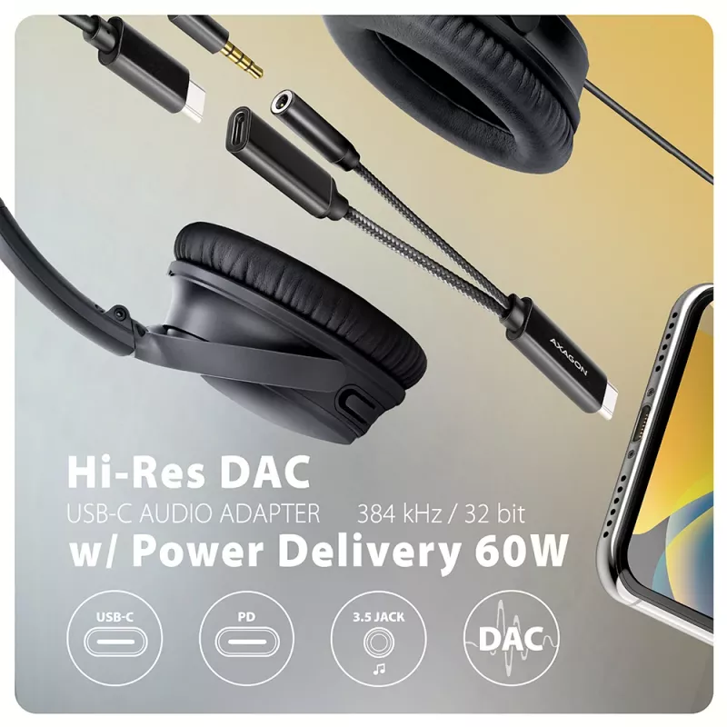 Axagon ADA-HCPD USB-C naar 3,5-mm-jack – Hi-Res-DAC-audioadapter, 384 kHz/32 bit, PD 60 W 3 A