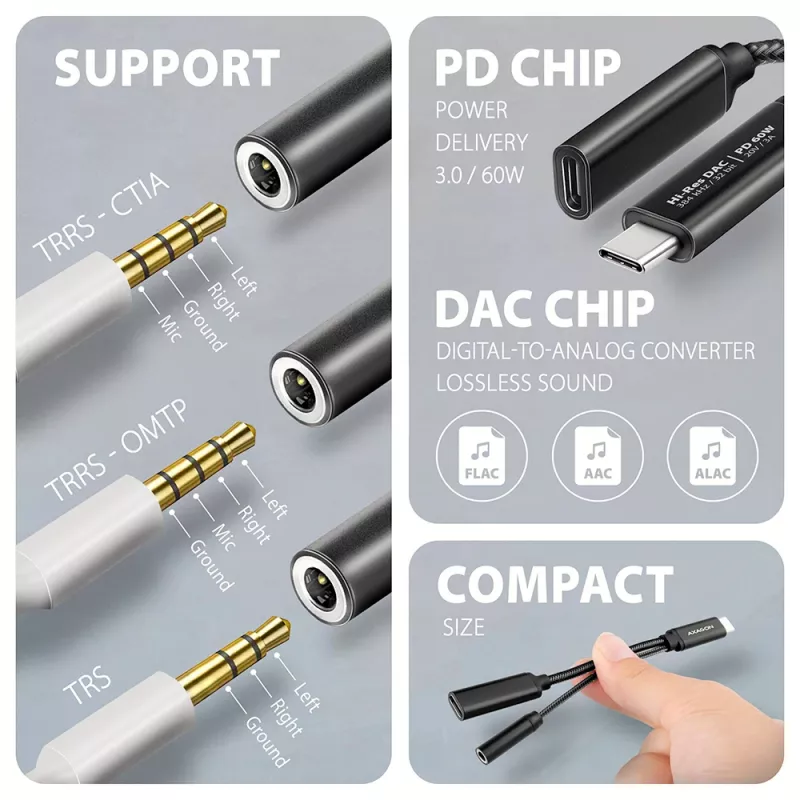 Axagon ADA-HCPD USB-C naar 3,5-mm-jack – Hi-Res-DAC-audioadapter, 384 kHz/32 bit, PD 60 W 3 A