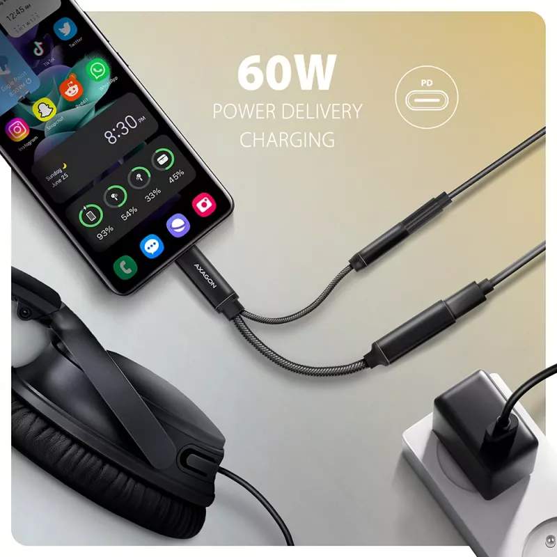 Axagon ADA-HCPD USB-C naar 3,5-mm-jack – Hi-Res-DAC-audioadapter, 384 kHz/32 bit, PD 60 W 3 A