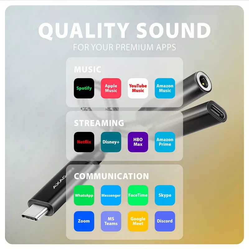 Axagon ADA-HCPD USB-C naar 3,5-mm-jack – Hi-Res-DAC-audioadapter, 384 kHz/32 bit, PD 60 W 3 A