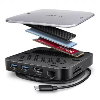 Axagon HMC-UFO USB-C hub M.2 SATA/NVMe 1 Gbit/s Ethernet 384 kHz audio bedraad USB 3.2 Gen 2 (3.1 Gen 2) Type-C zwart